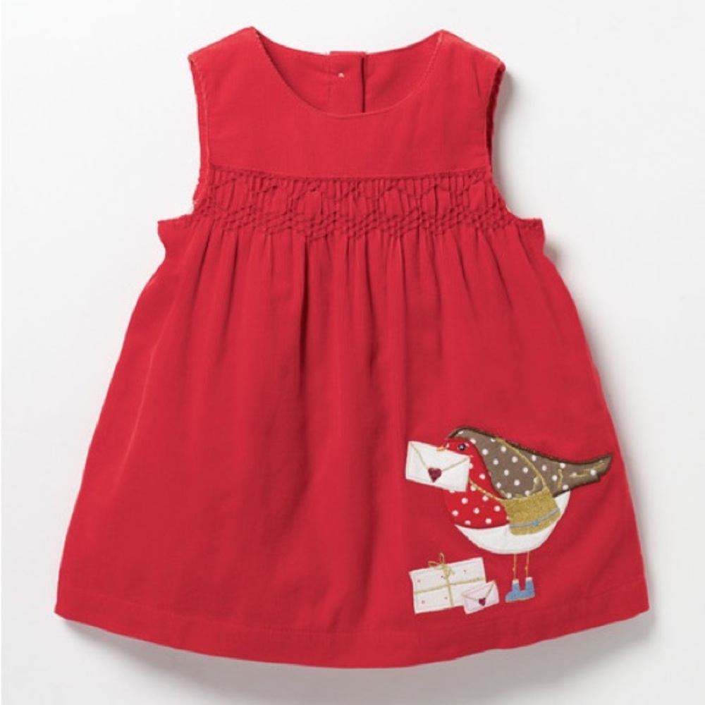 Baby Boden Corduroy Smocked Red Robin Dress size 3-4 years